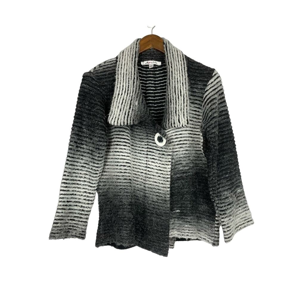 Avette Mohair Blend Black Gray Stripe Ombre Button Chic Classy Cardigan Sweater